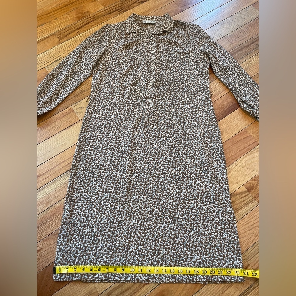 Vtg LANVIN Paris New York Shirt Dress Brown Butterfly No Belt Womens Sz 14 READ - Picture 13 of 16
